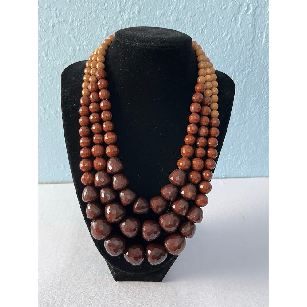 Chunky Multi Strand Brown Ombré Beaded Necklace Multi Faceted Beads Bib Boho